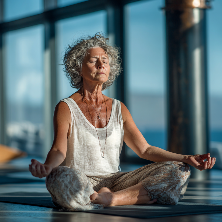 Grupo de adultos mayores en clase de yoga